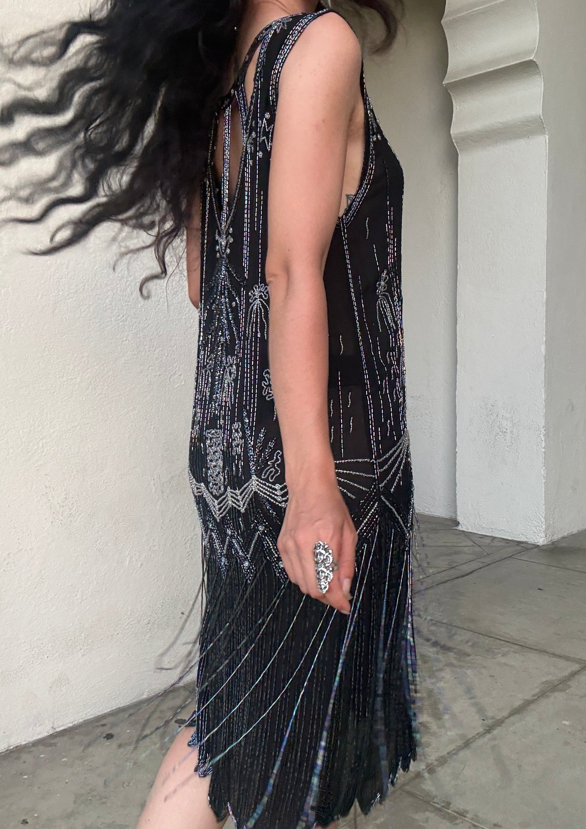 1920s French iridescent beaded black silk chiffon cutout flapper dress