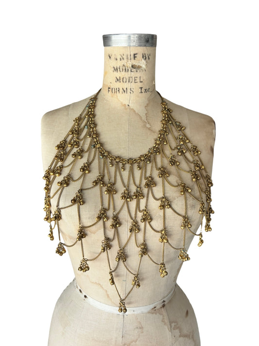 Vintage brass bib necklace with bell charms