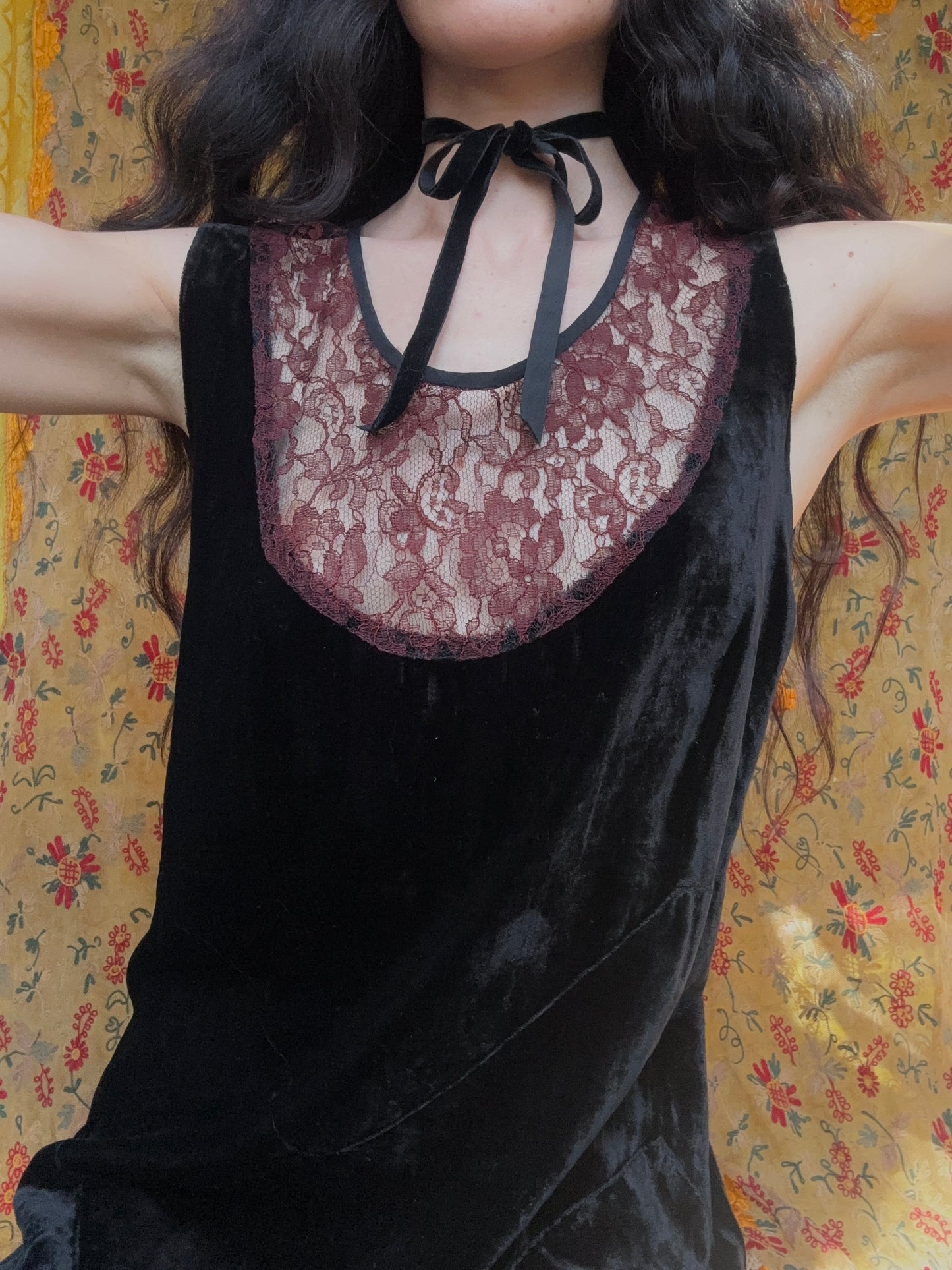 1930s gothic velvet deco gown with lace collar