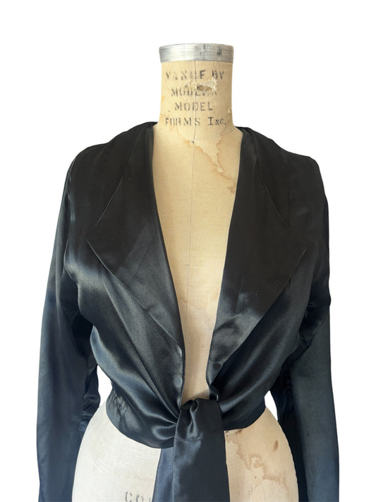 1930s deco satin tie-front top with pointed sleeves