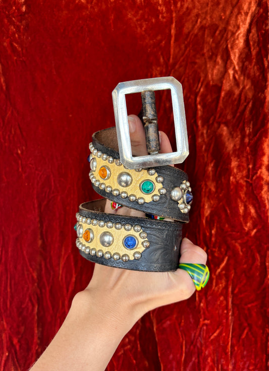 1950s black jeweled & studded belt with contrasting white leather