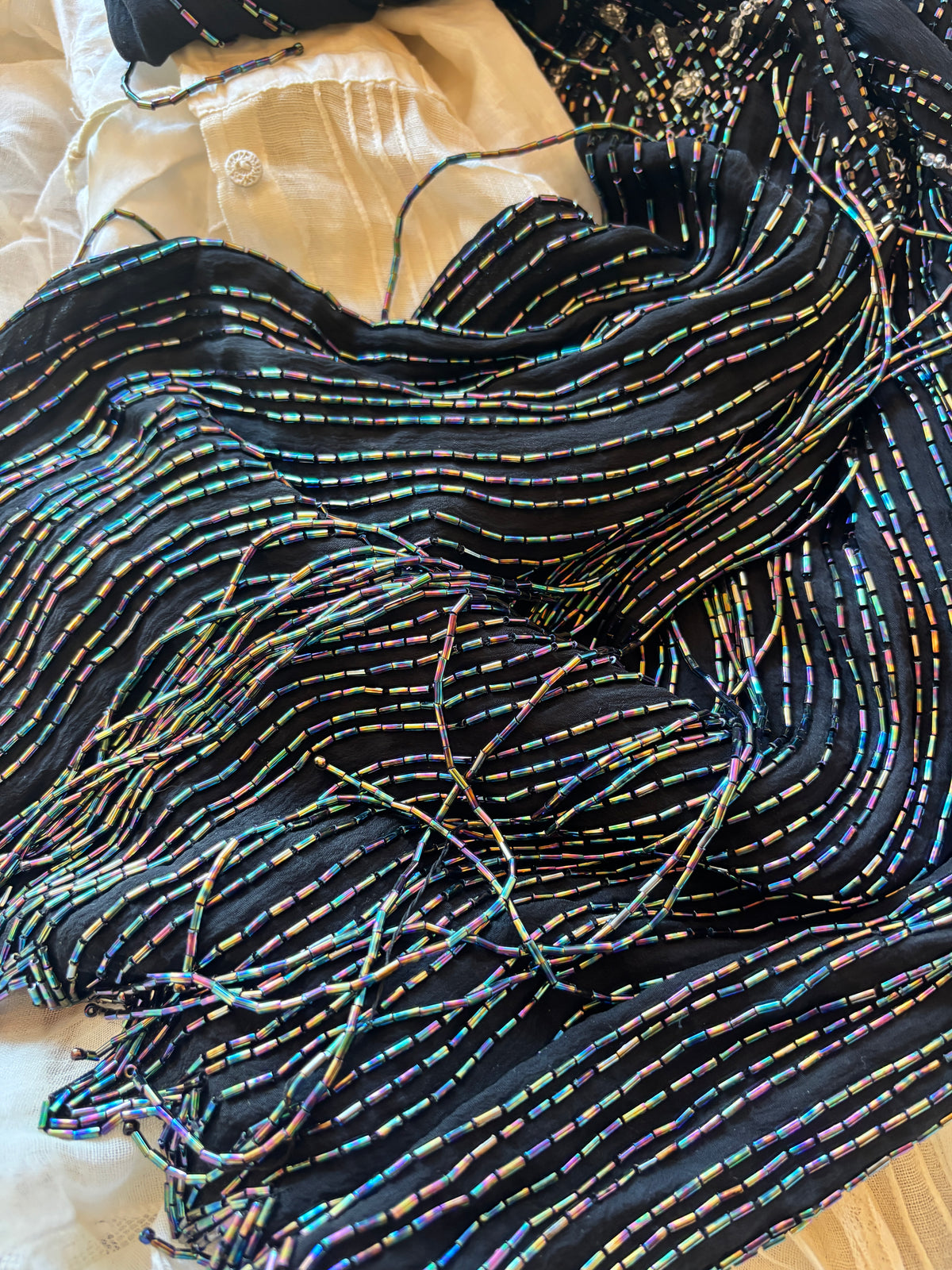 1920s French iridescent beaded black silk chiffon cutout flapper dress