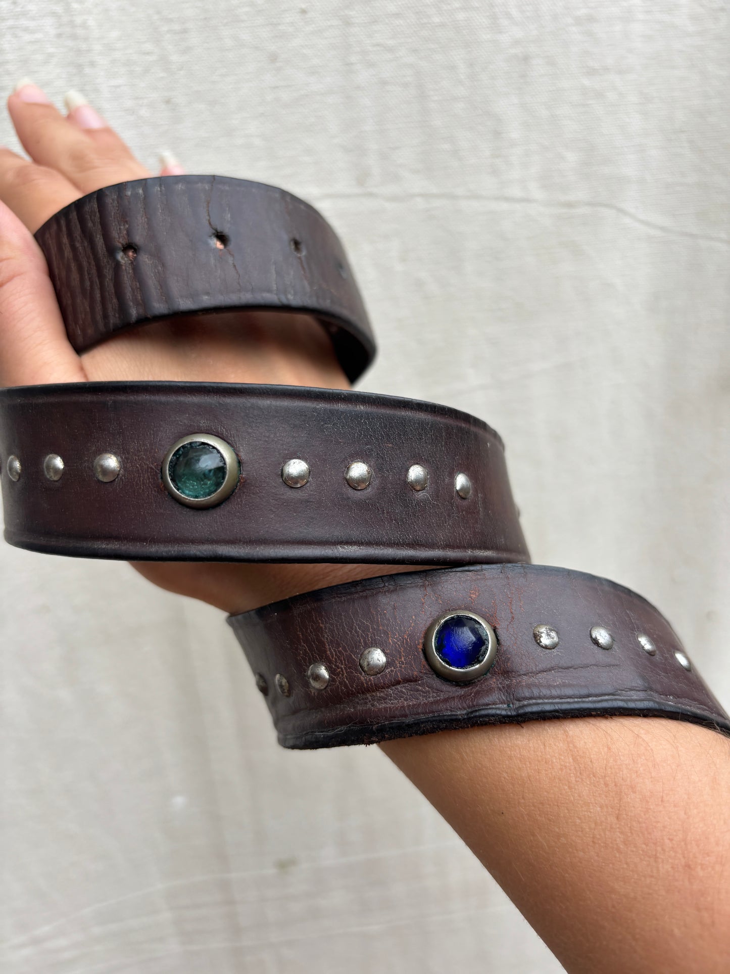1940s blue toned jeweled & studded leather belt