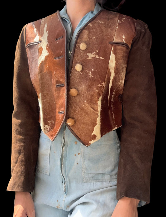 1930s cropped hair on hide cowhide jacket with puff sleeves