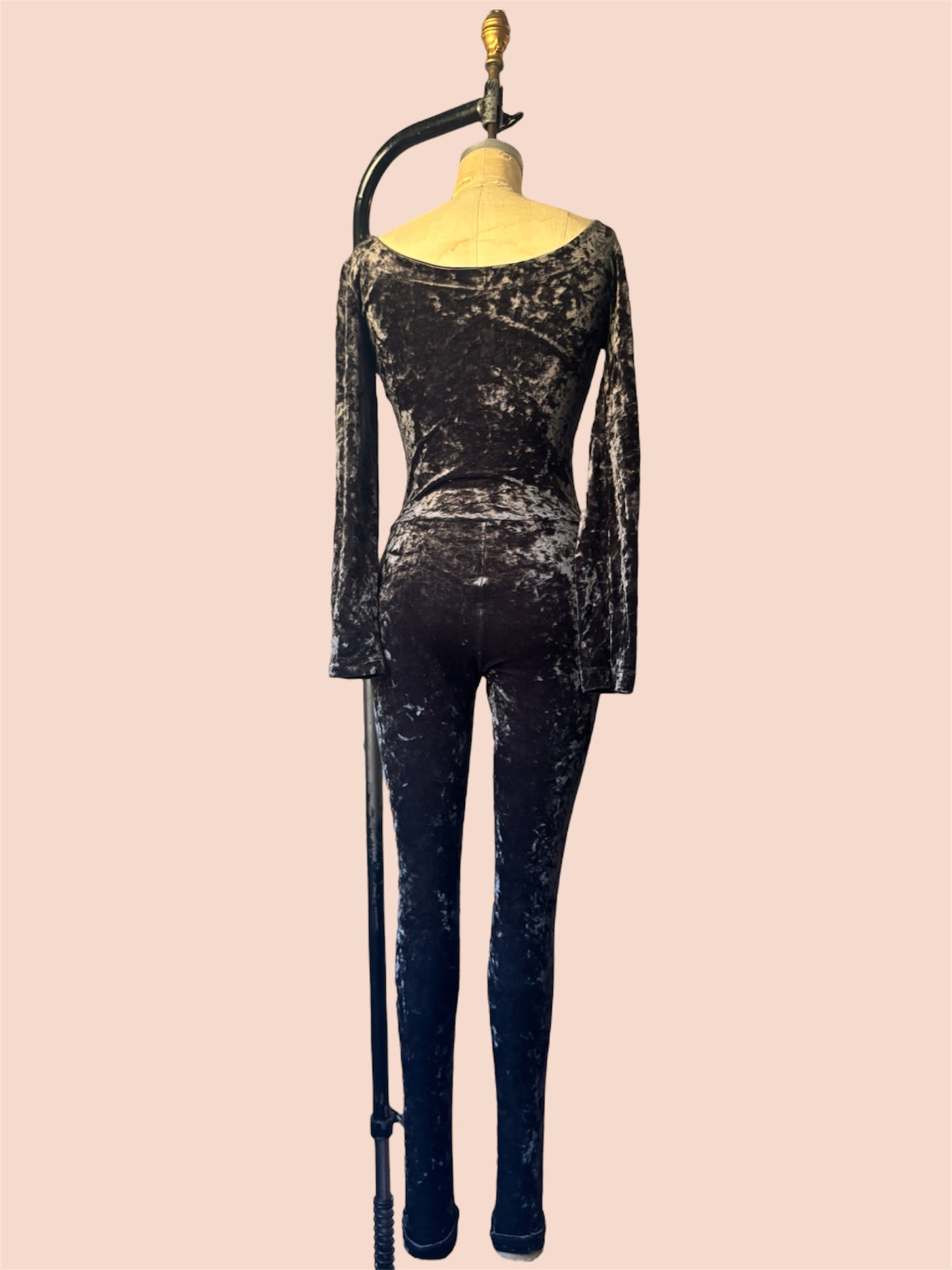 Betsey Johnson punk label gunmetal crushed velvet catsuit