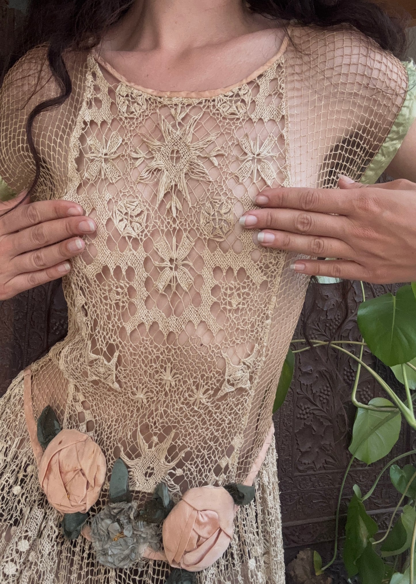 1920s spiderweb crochet net gown with rosettes