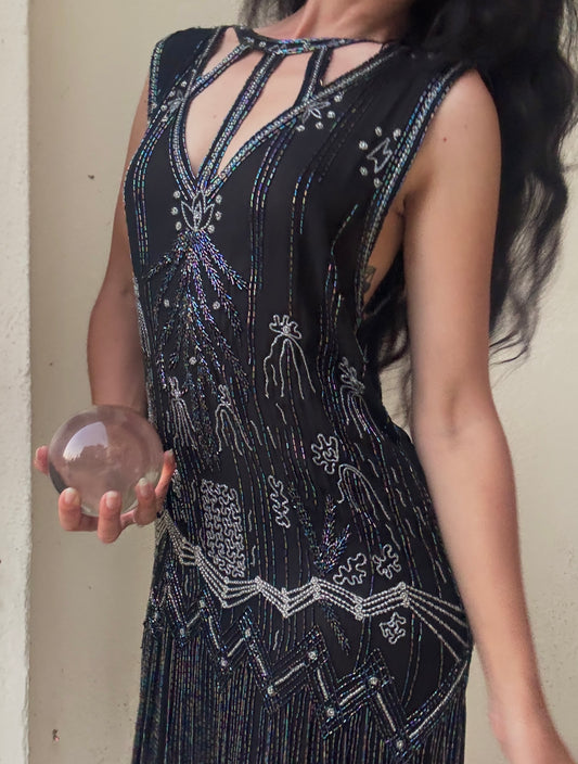 1920s French iridescent beaded black silk chiffon cutout flapper dress