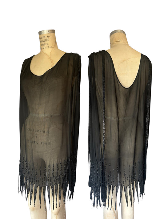 1920s silk chiffon sawtooth hem beaded tunic