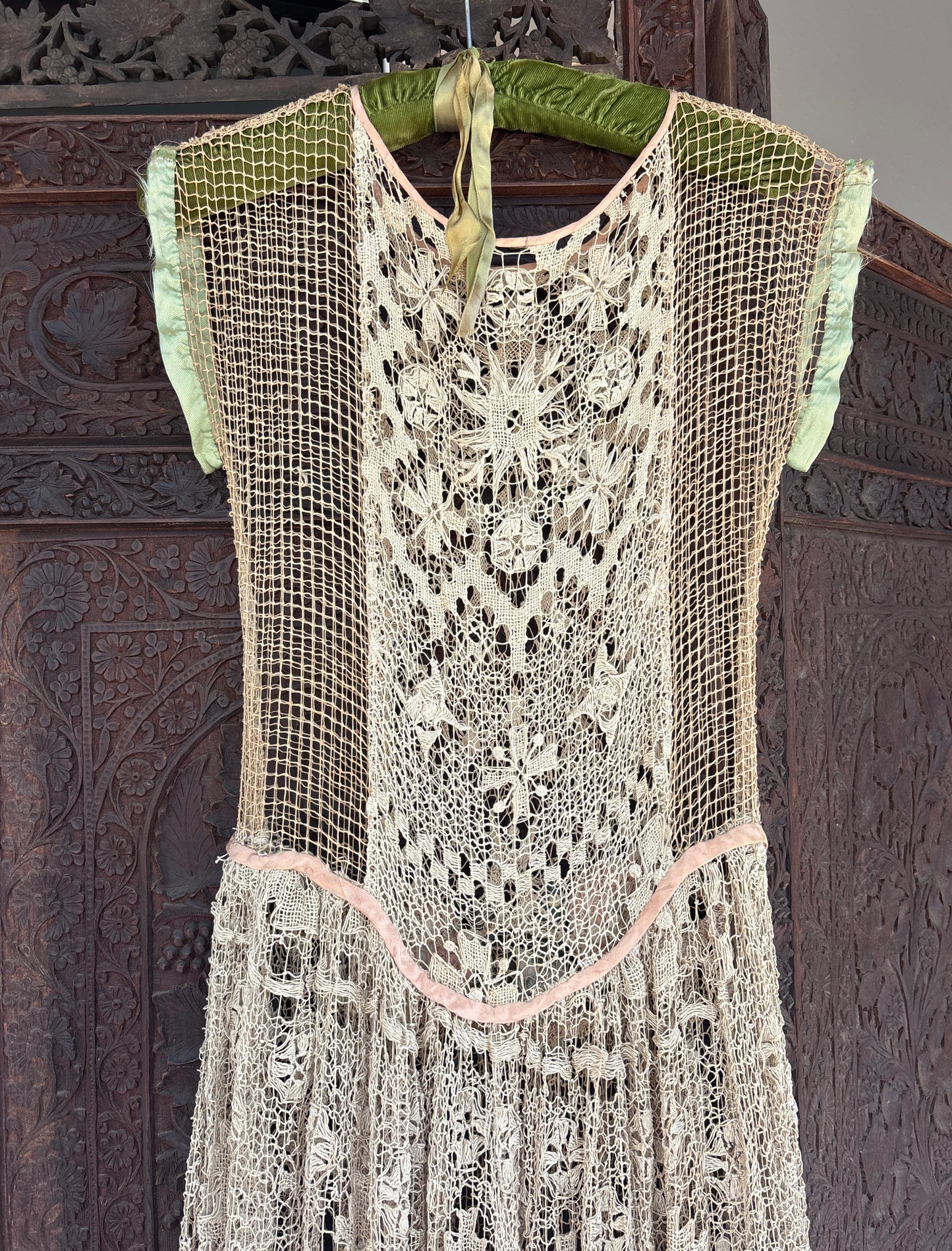 1920s spiderweb crochet net gown with rosettes