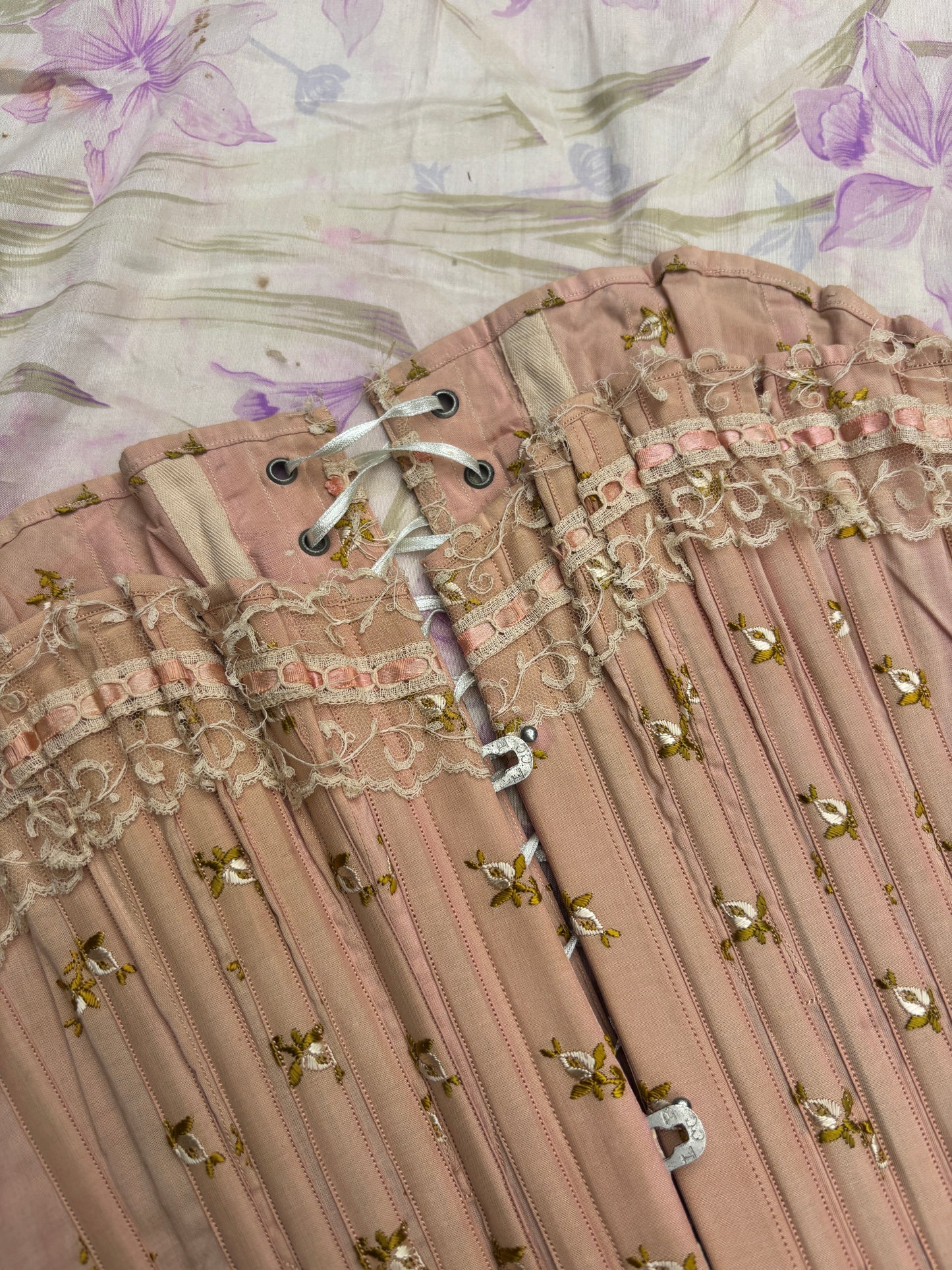 Late Victorian era embroidered whale boned corset