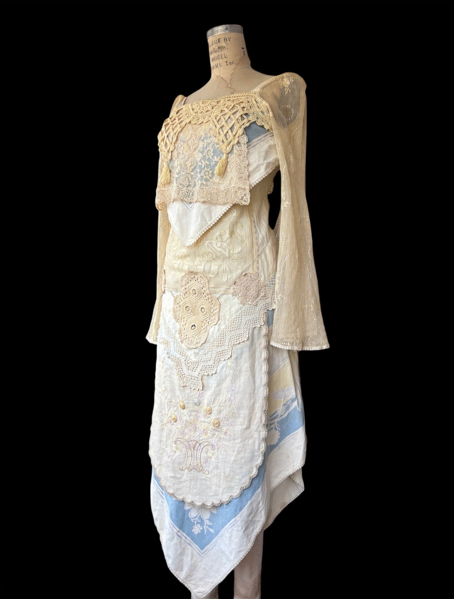 Late 1960s renaissance revival dress made of antique textiles