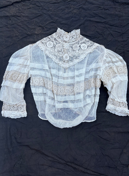 Victorian 1880s net blouse with Irish lace 3/4 length sleeves