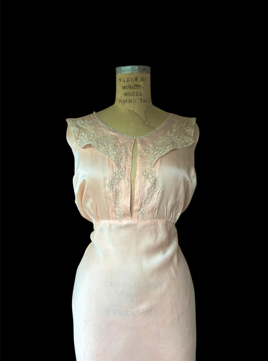 1930s keyhole bias cut slip dress with lace appliqué