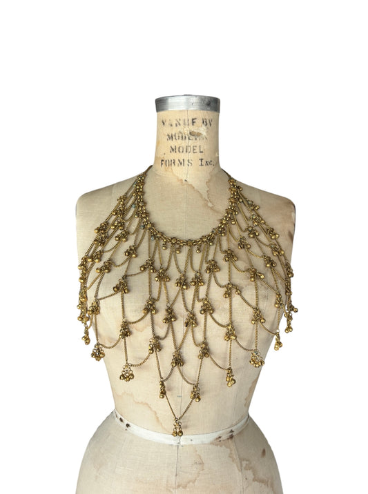 Vintage brass bib necklace with bell charms