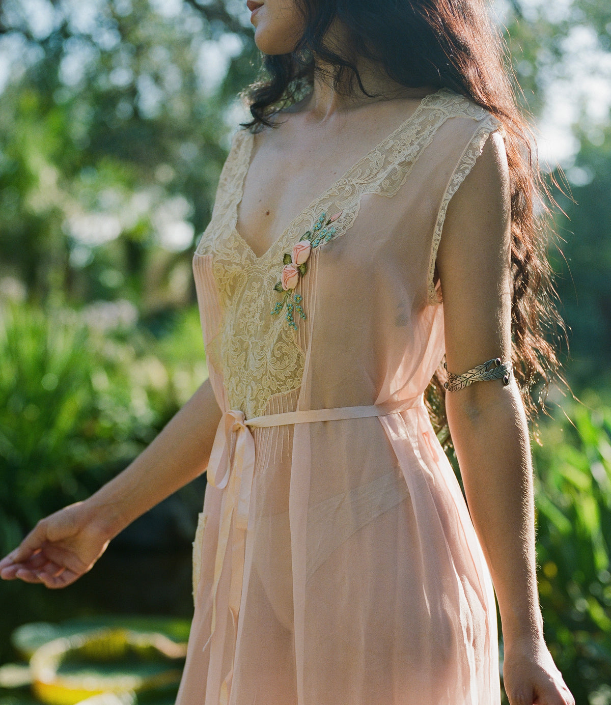 1920s silk chiffon slip with ribbonwork rosettes & lace