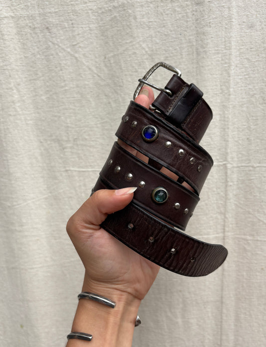 1940s blue toned jeweled & studded leather belt