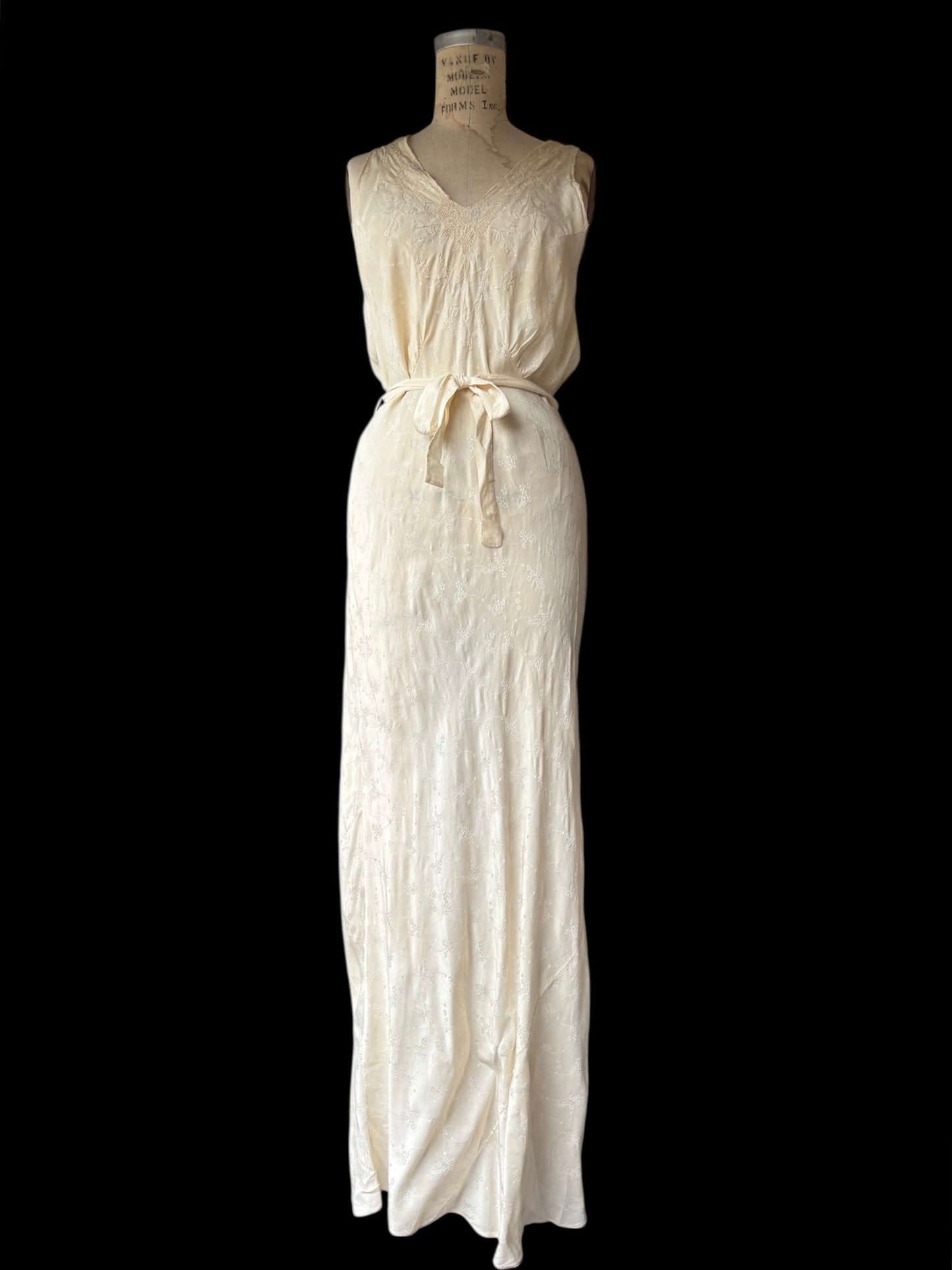 1930s cream bias cut damask & cutwork slip dress