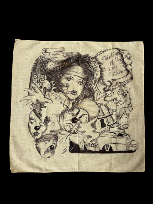 Chicano Prison Art Hand Drawn Ink On Cotton Handkerchief