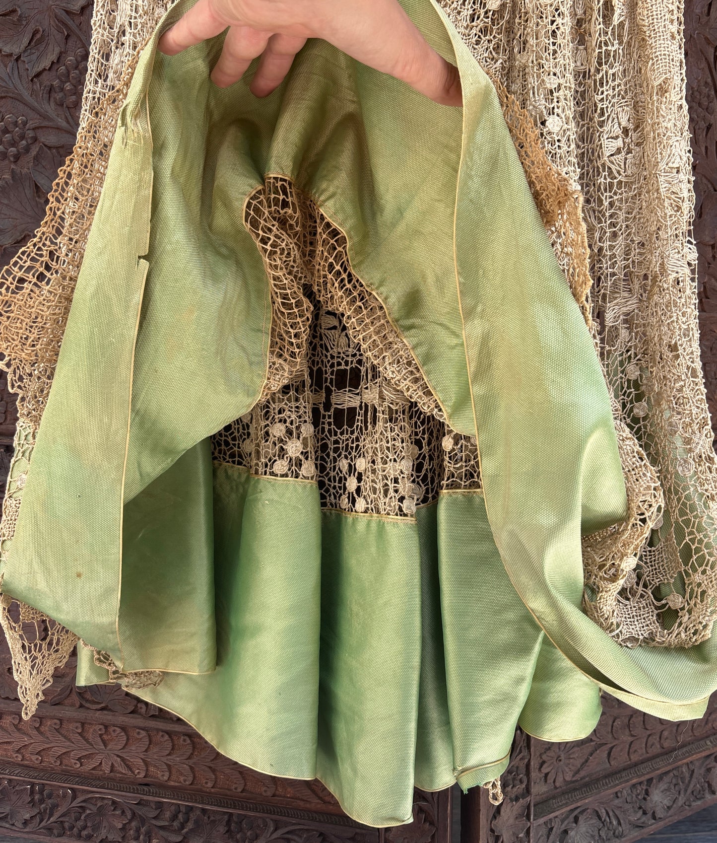 1920s spiderweb crochet net gown with rosettes