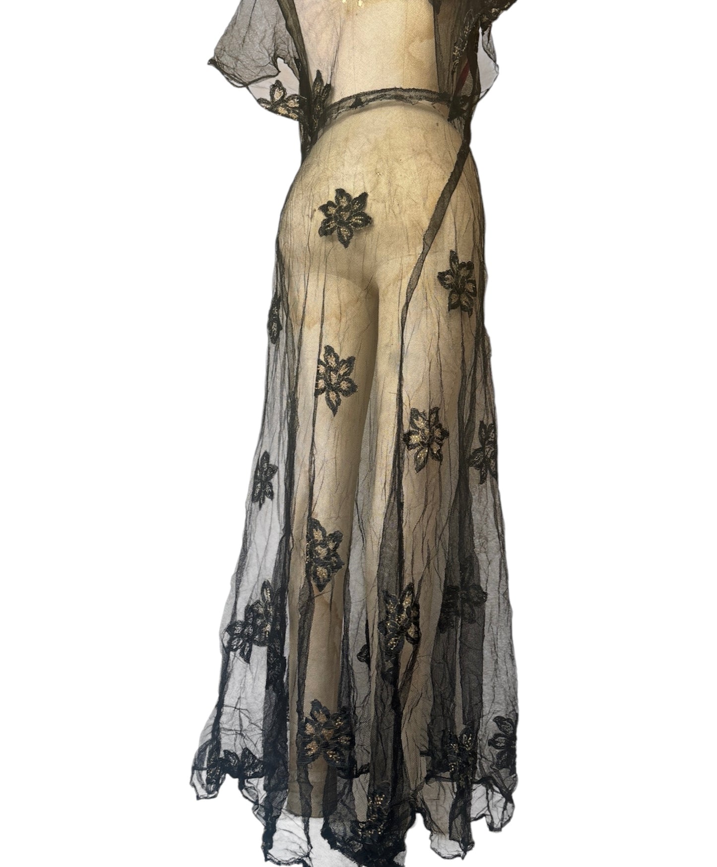 1930s embroidered net gown with velvet rose appliqué