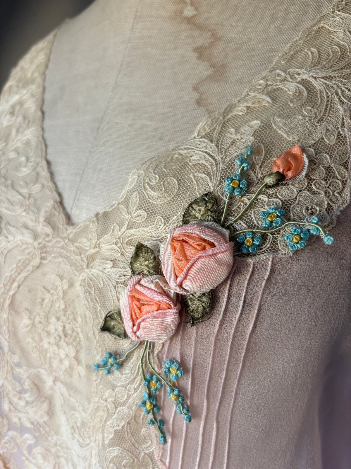 1920s silk chiffon slip with ribbonwork rosettes & lace