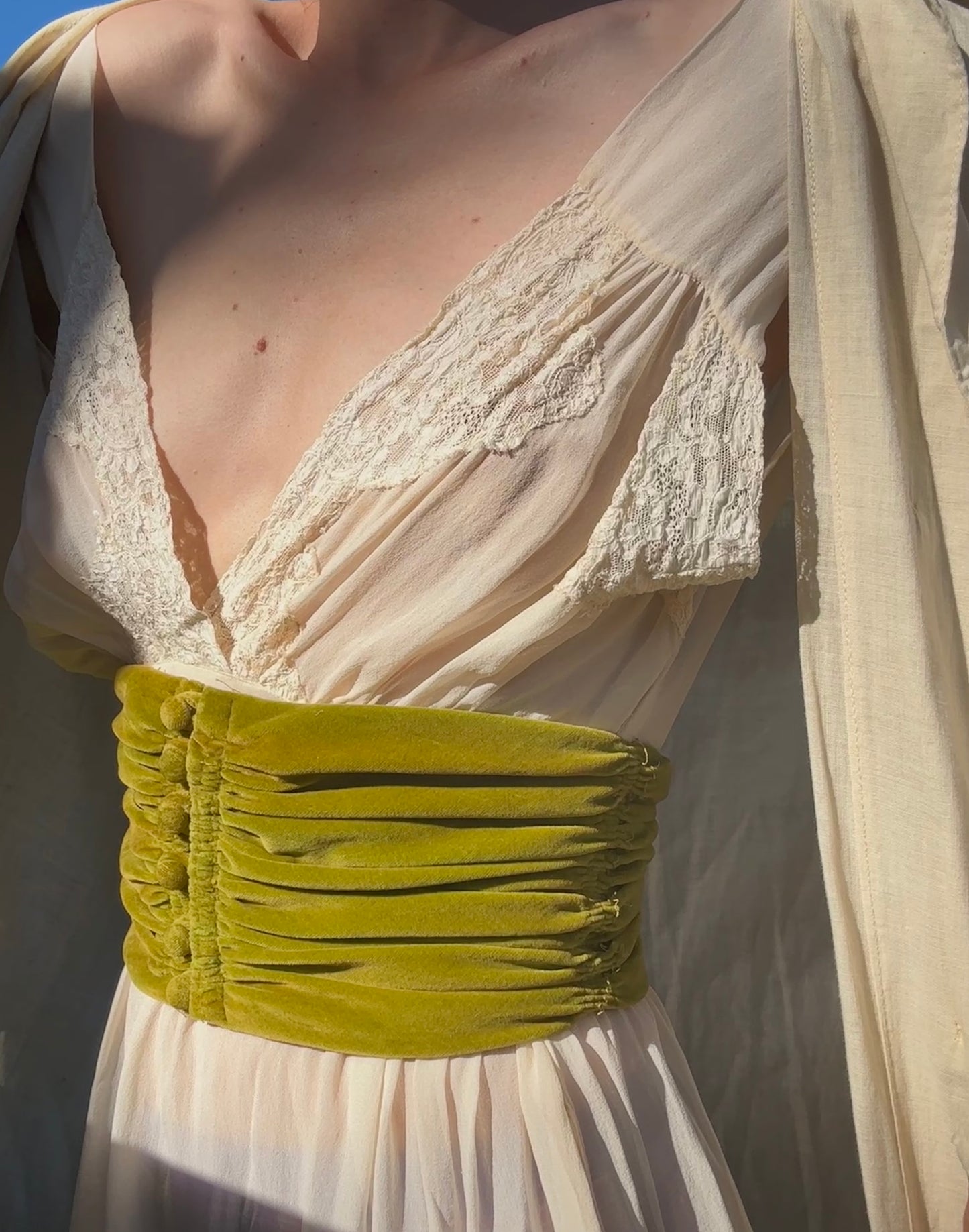 1930s olive green velvet deadstock waist belt