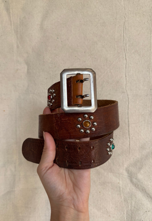 1950s studded & jeweled tooled leather belt