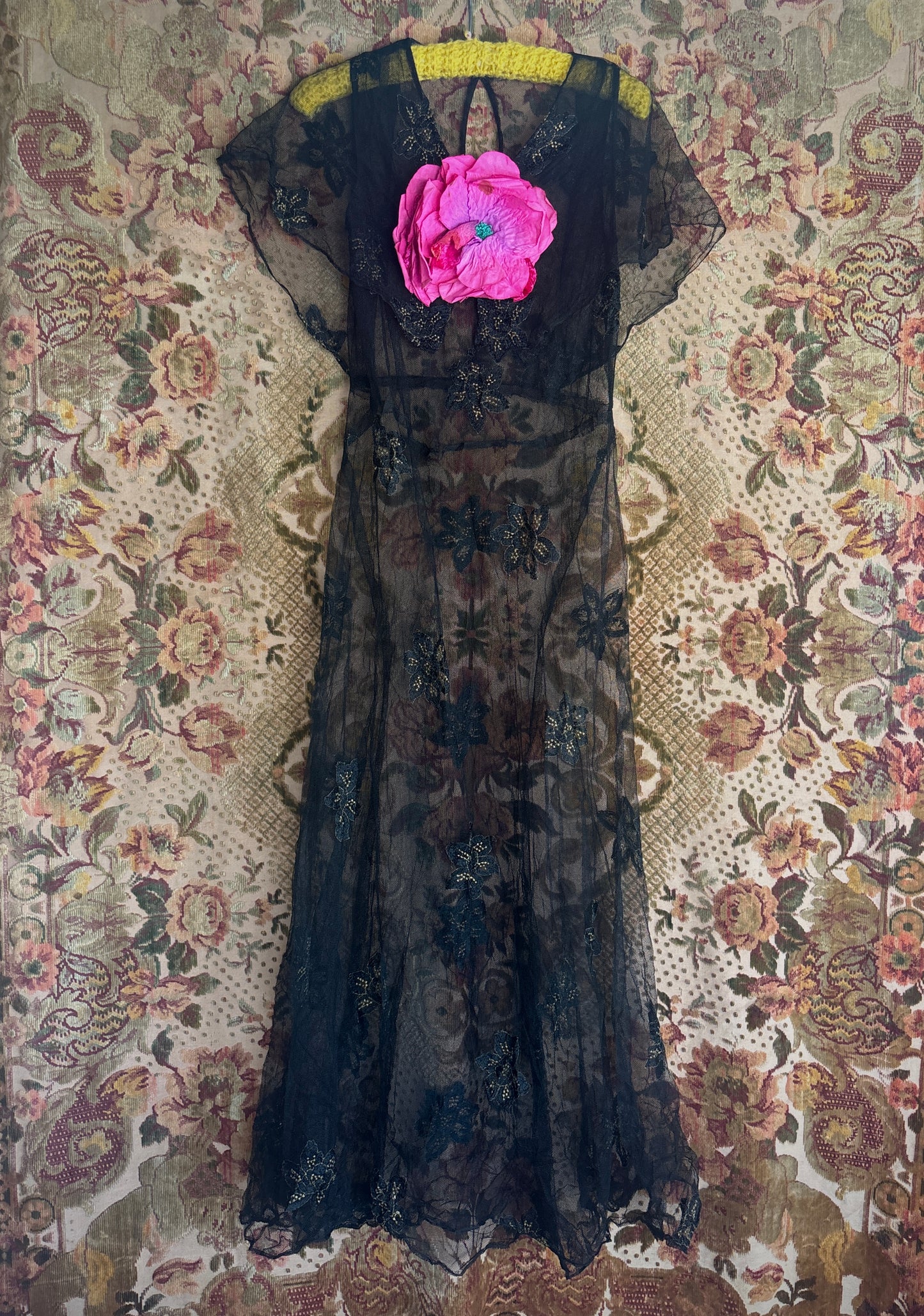 1930s embroidered net gown with velvet rose appliqué