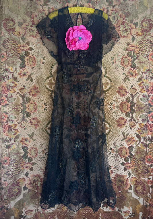 1930s embroidered net gown with velvet rose appliqué