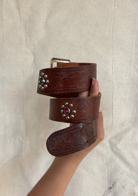1950s studded & jeweled tooled leather belt