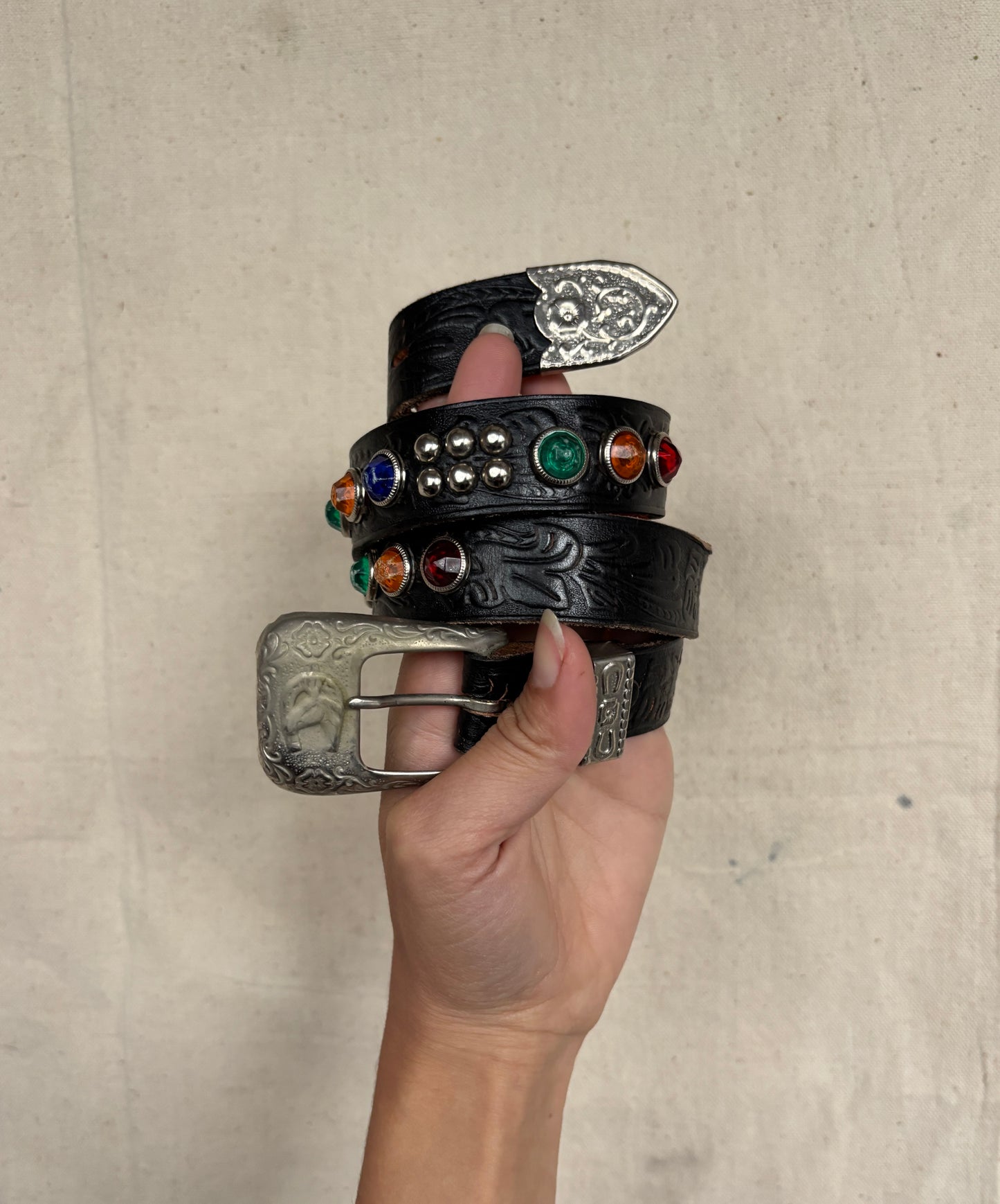 1950s/60s studded & jeweled black leather western belt