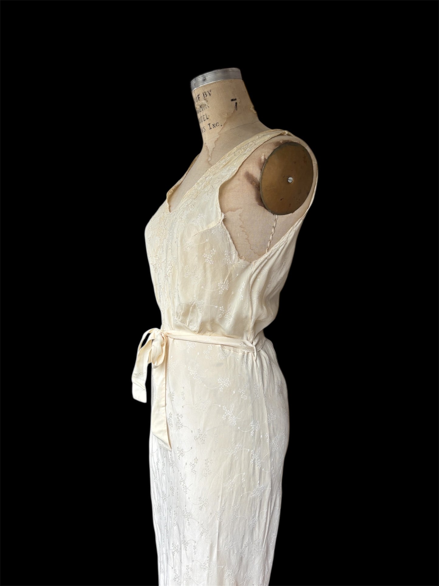 1930s cream bias cut damask & cutwork slip dress