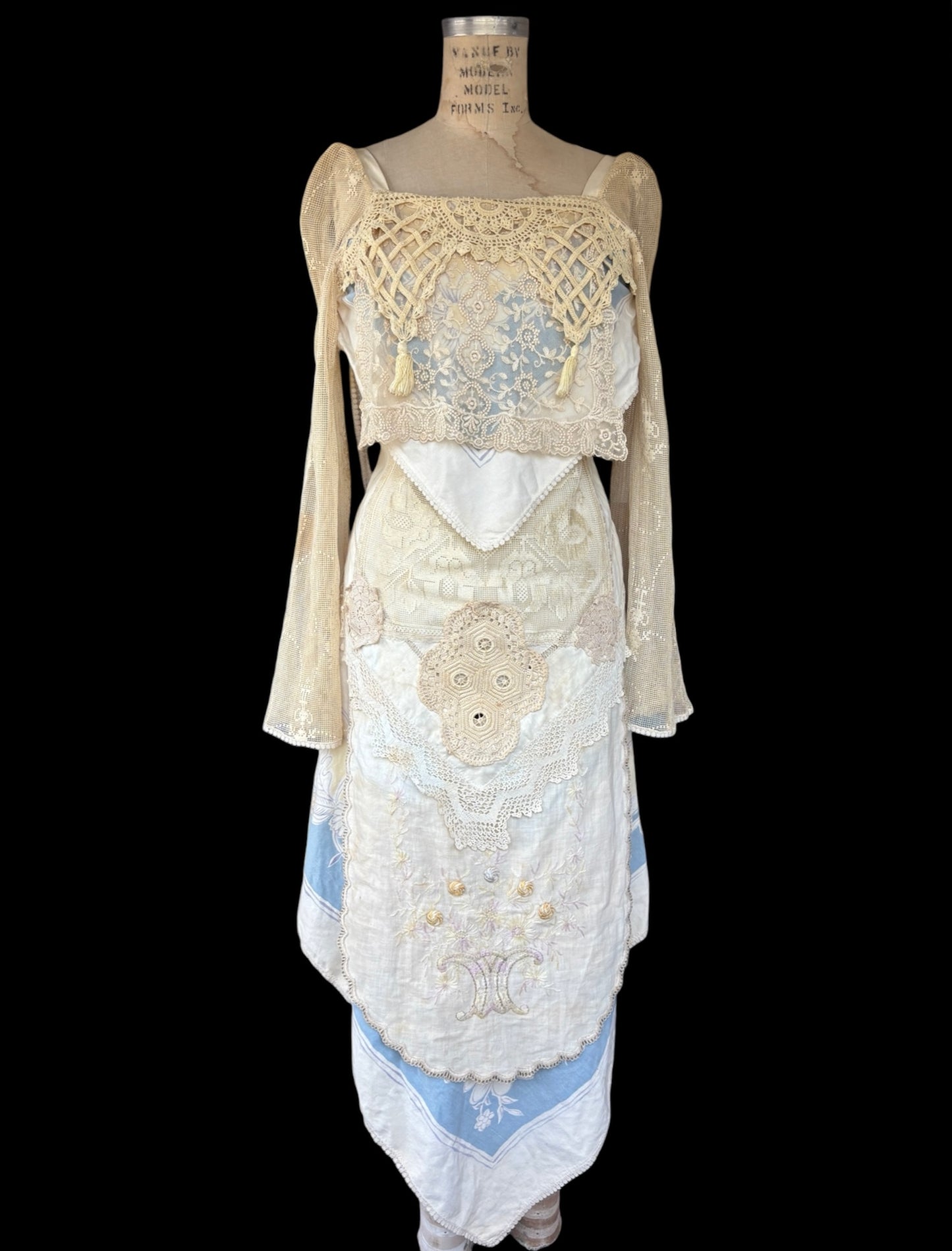 Late 1960s renaissance revival dress made of antique textiles