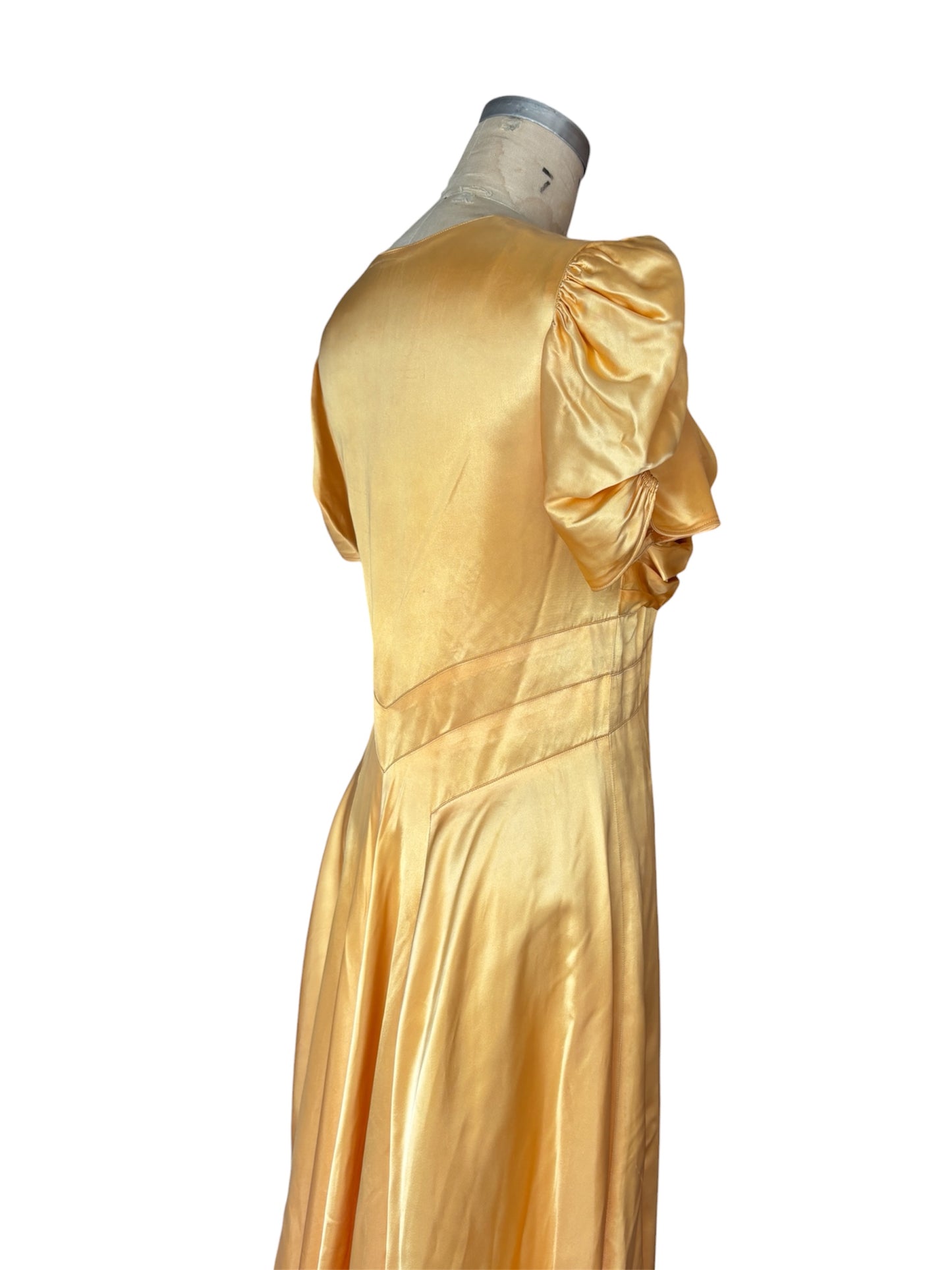 1940s puff sleeve liquid gold evening gown