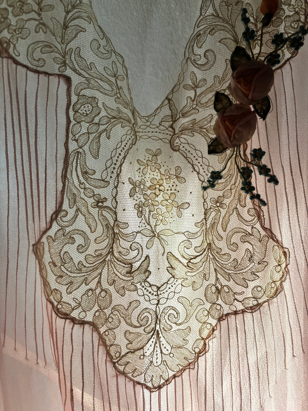 1920s silk chiffon slip with ribbonwork rosettes & lace