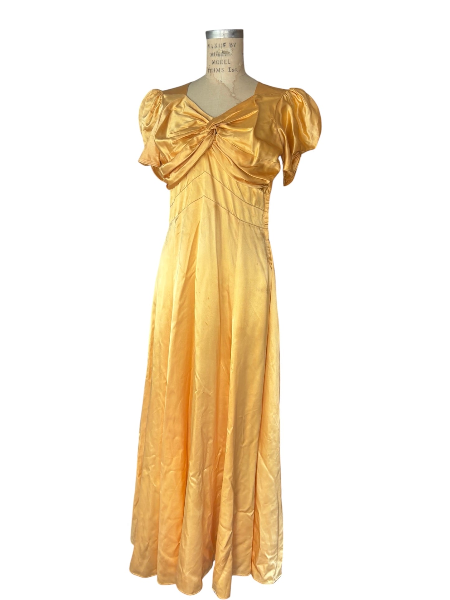 1940s puff sleeve liquid gold evening gown
