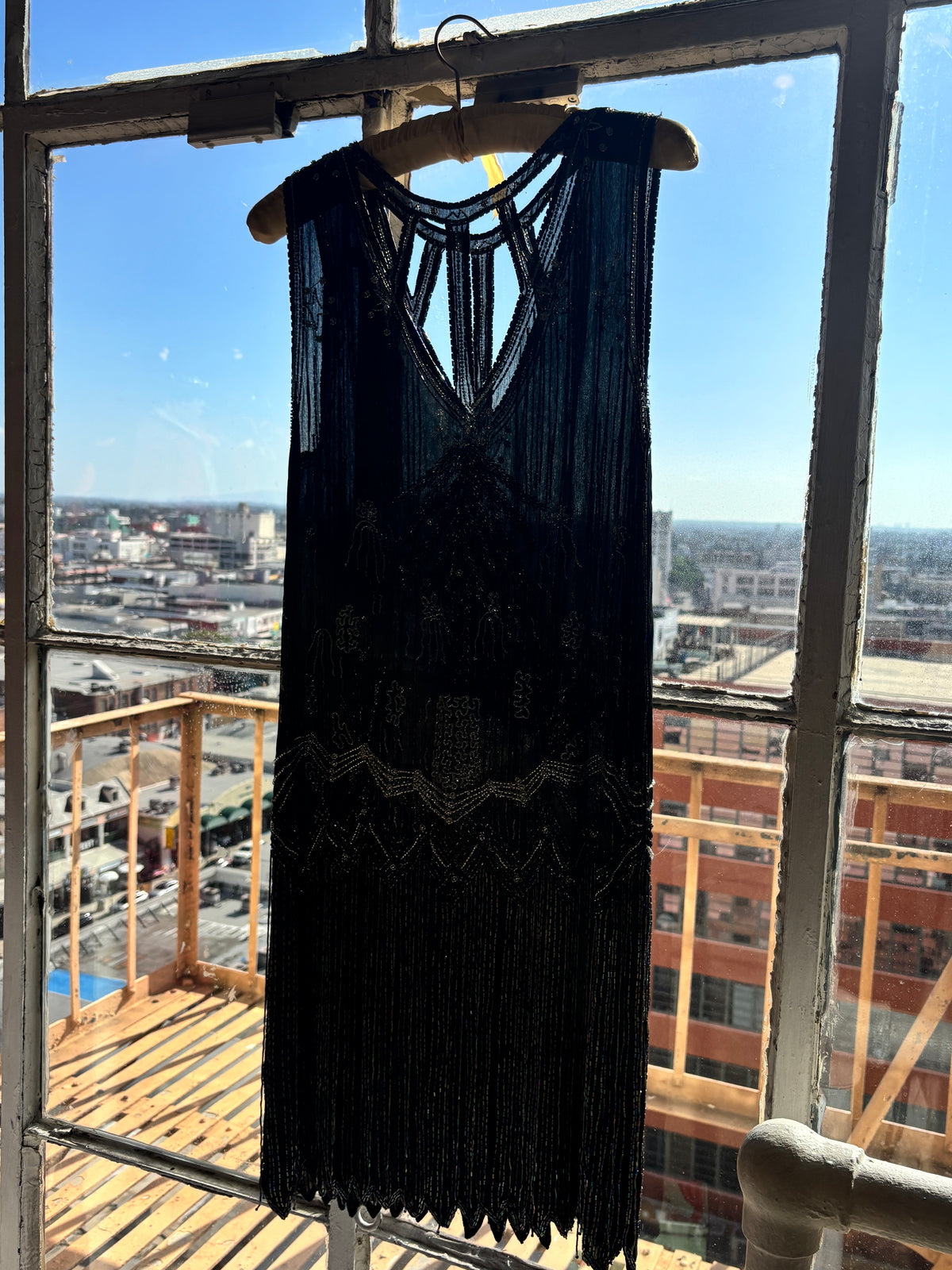 1920s French iridescent beaded black silk chiffon cutout flapper dress