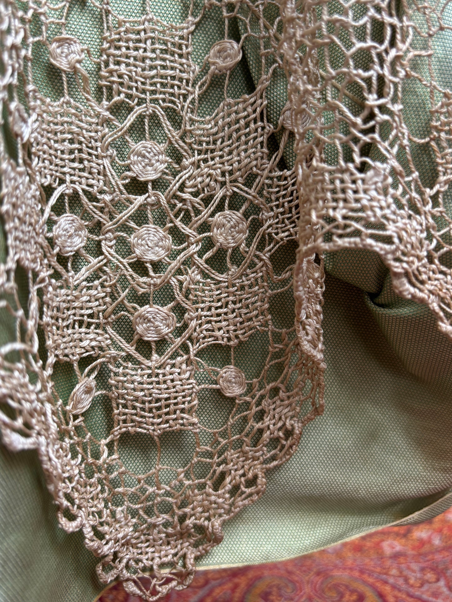 1920s spiderweb crochet net gown with rosettes