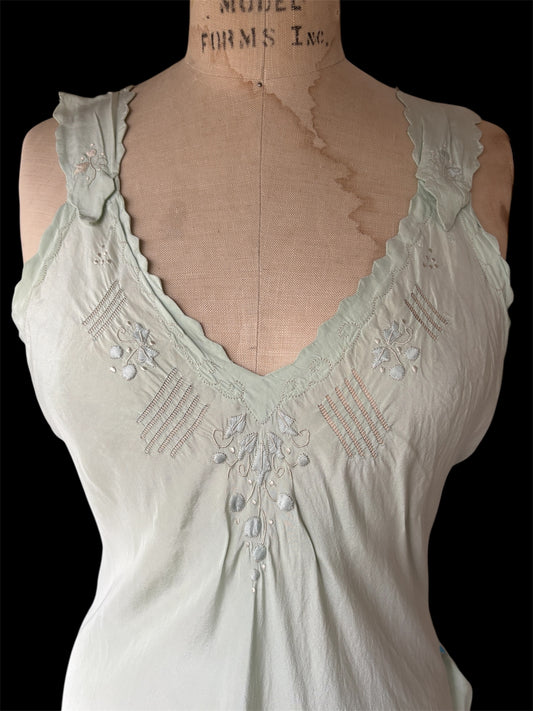 1930s seafoam appliquéd & scalloped slip dress