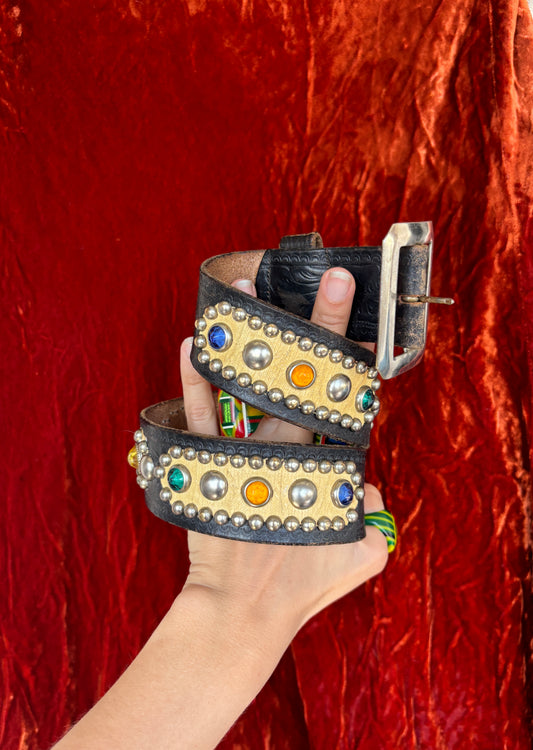 1950s black jeweled & studded belt with contrasting white leather
