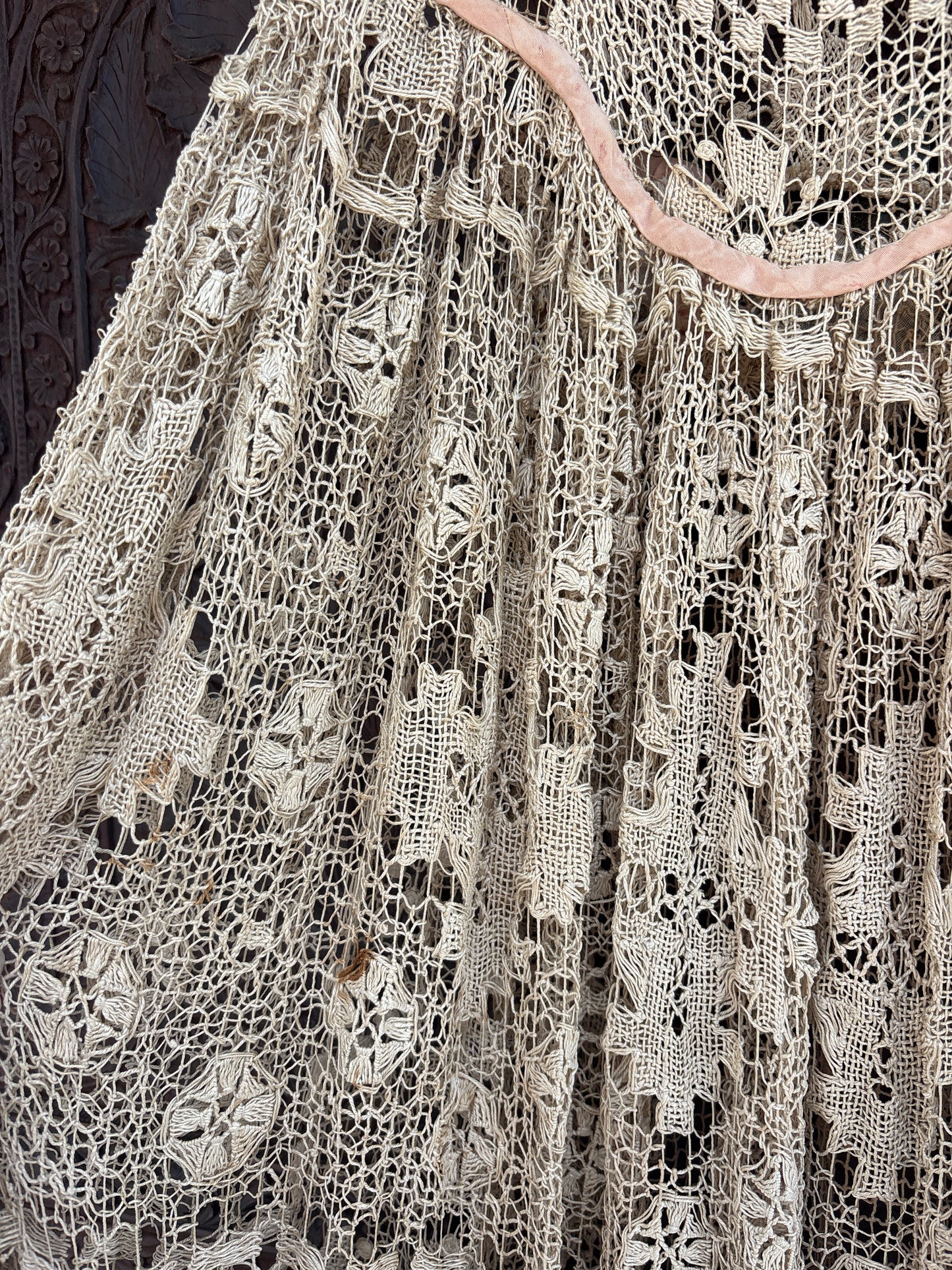 1920s spiderweb crochet net gown with rosettes