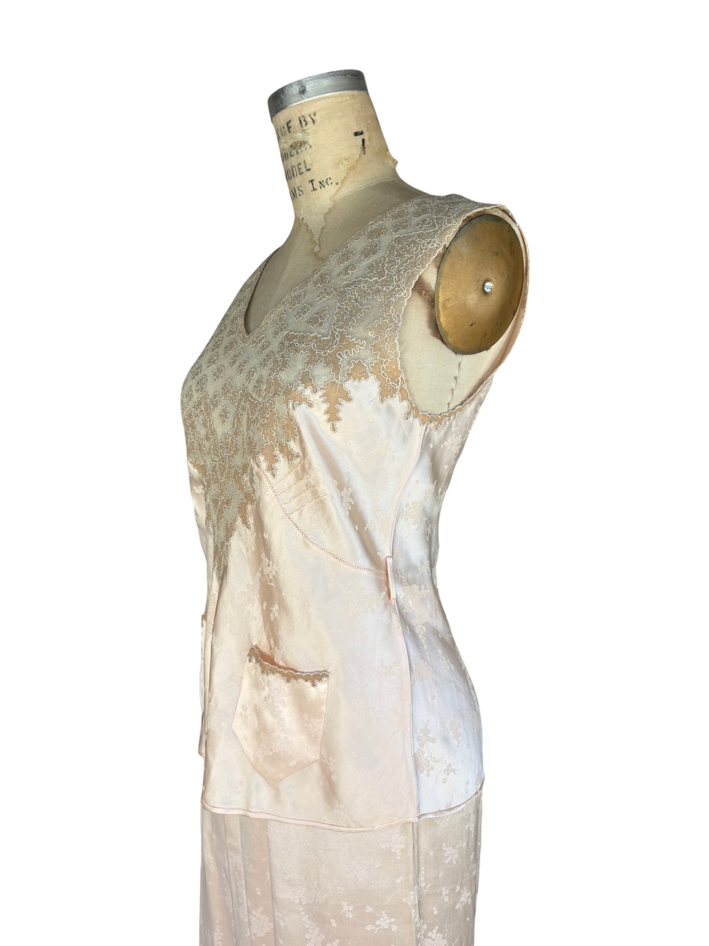 1930s silk jacquard blush pink 3 pc loungewear ensemble