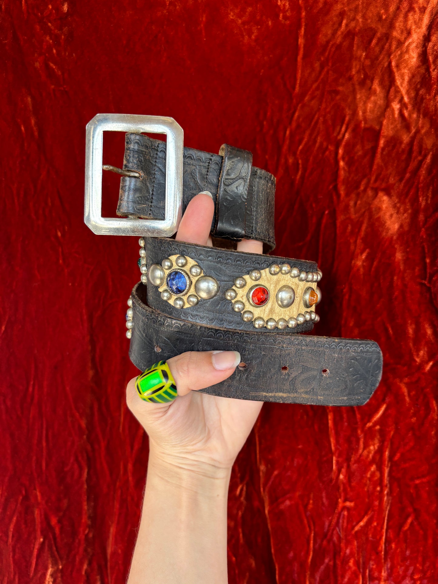 1950s black jeweled & studded belt with contrasting white leather
