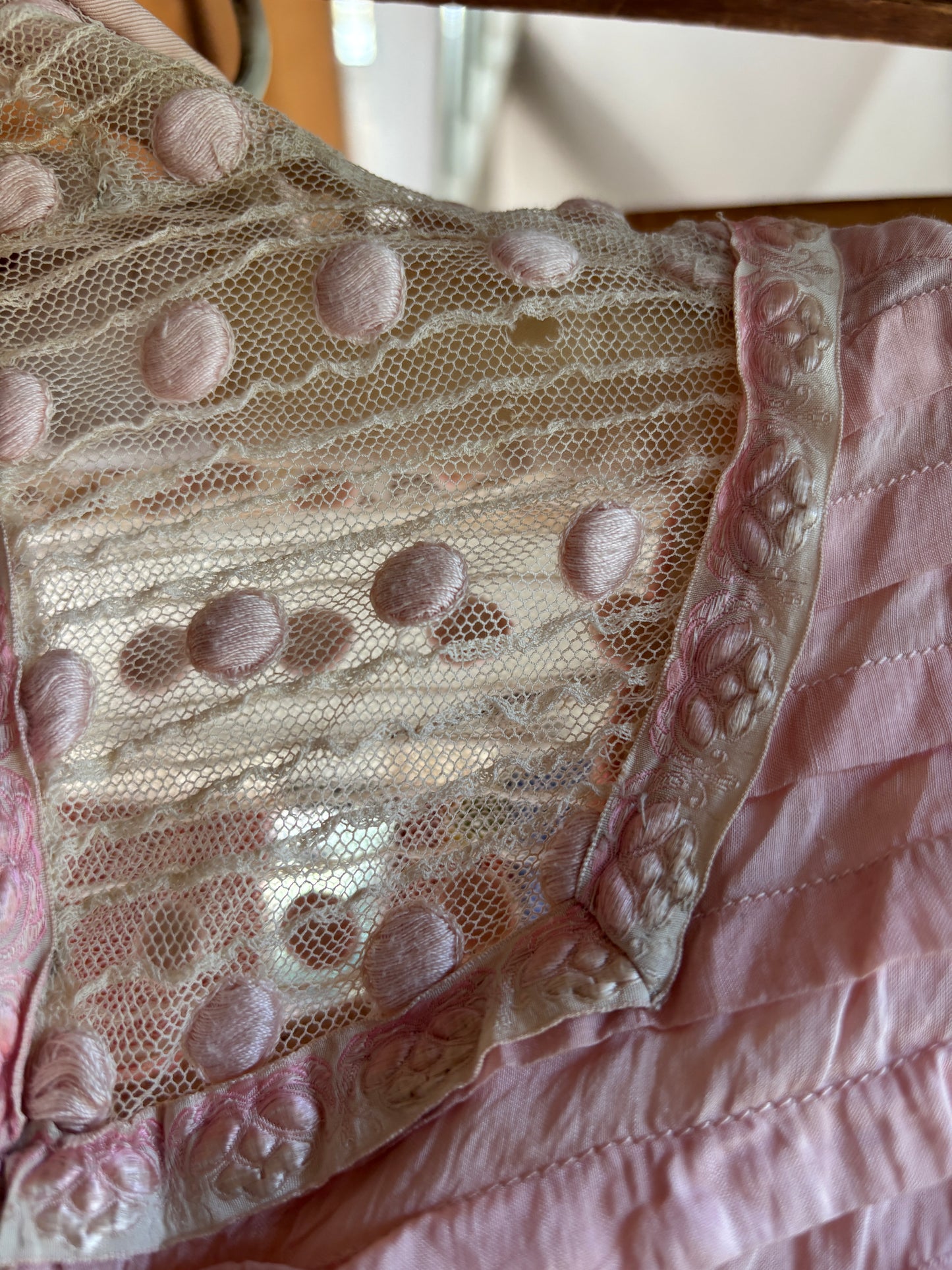 Pink Edwardian lawn dress/tea gown with embroidered lace collar