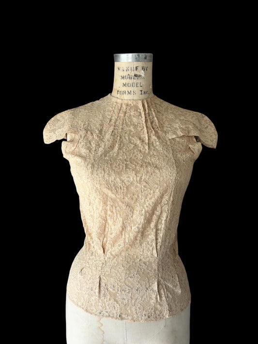 Early 1930s pintucked ecru tambour lace blouse by Yolande hand made