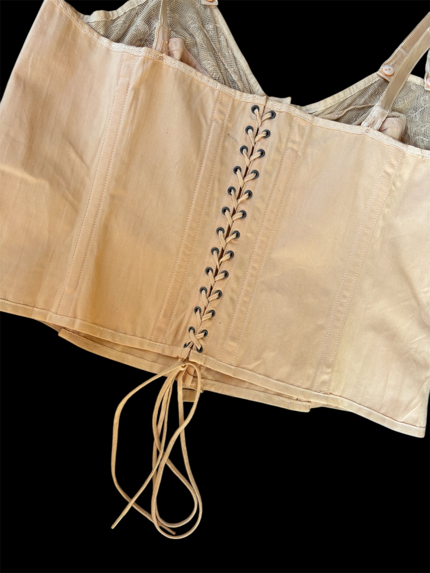 1930s pink/beige lace up corset top