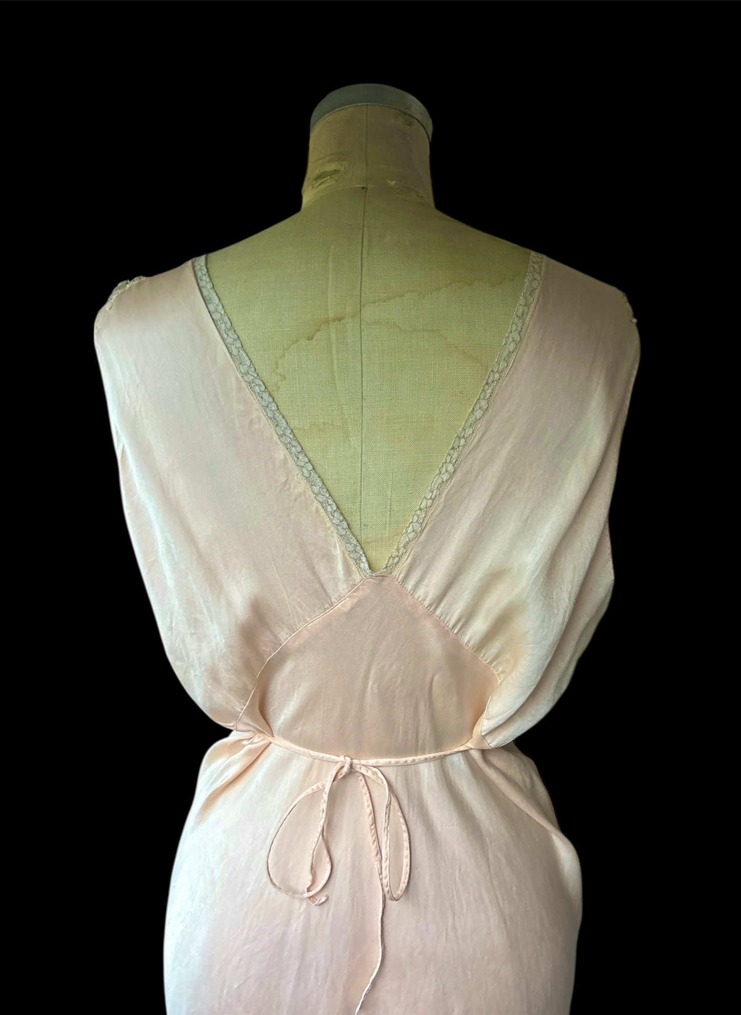 1930s keyhole bias cut slip dress with lace appliqué