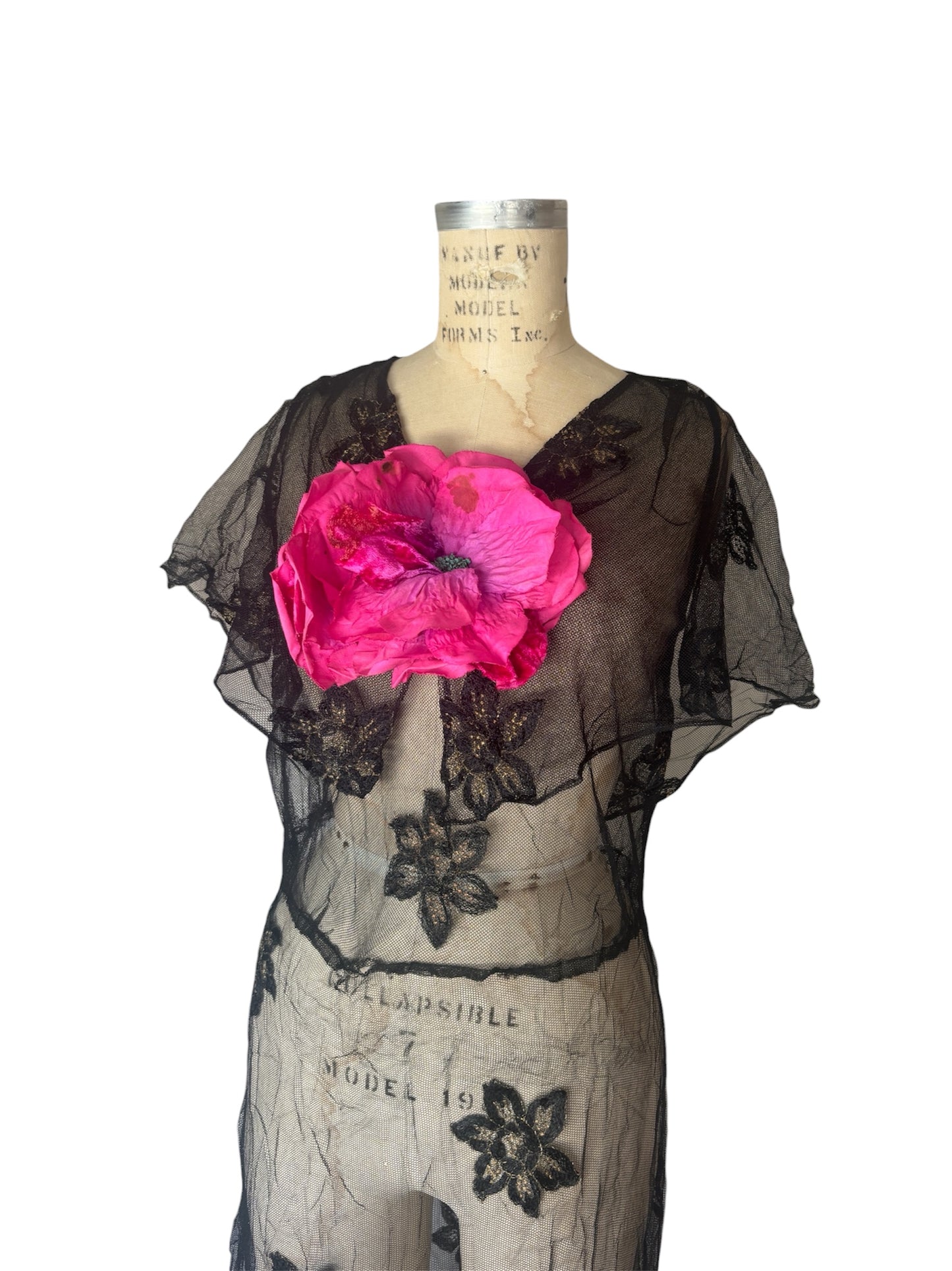 1930s embroidered net gown with velvet rose appliqué