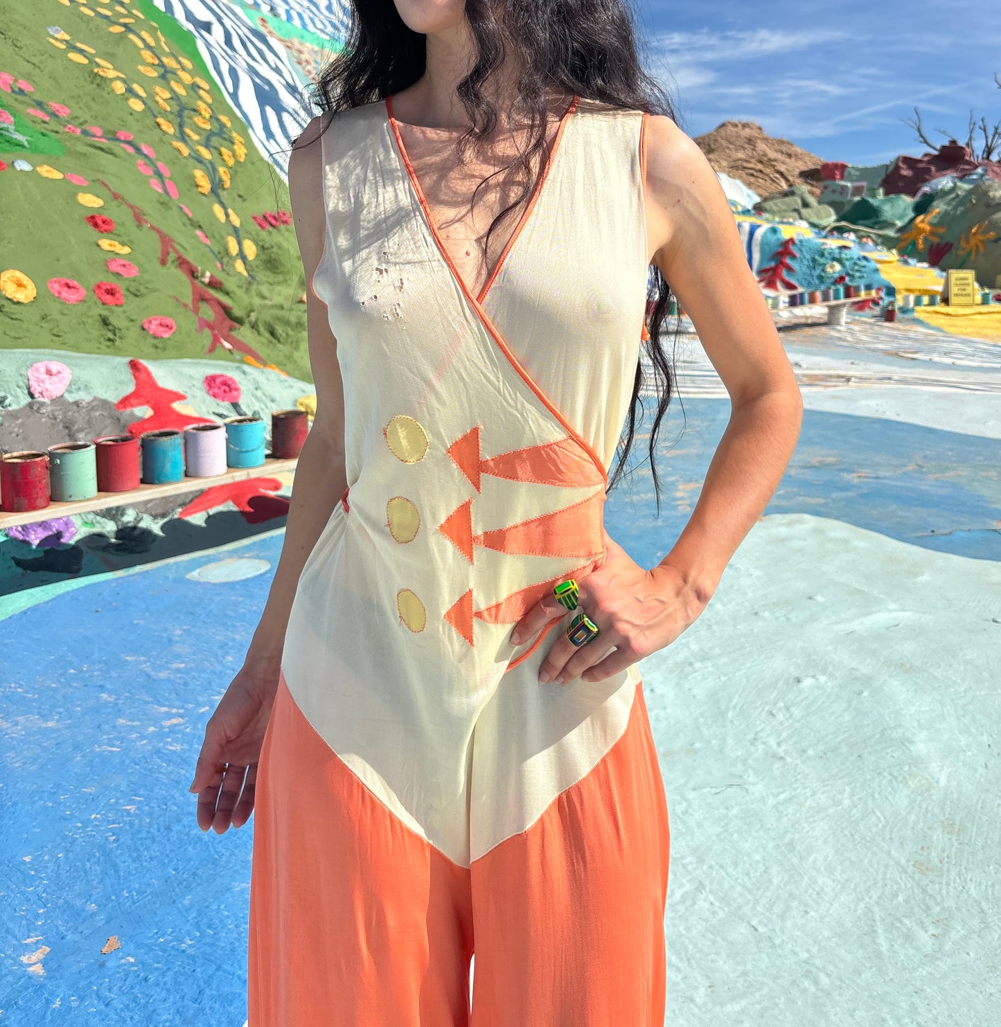1930s jersey art deco appliqué beach pajama ensemble