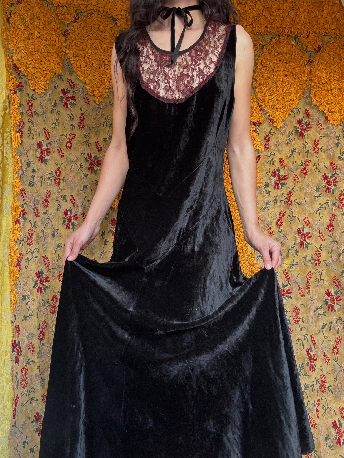 1930s gothic velvet deco gown with lace collar